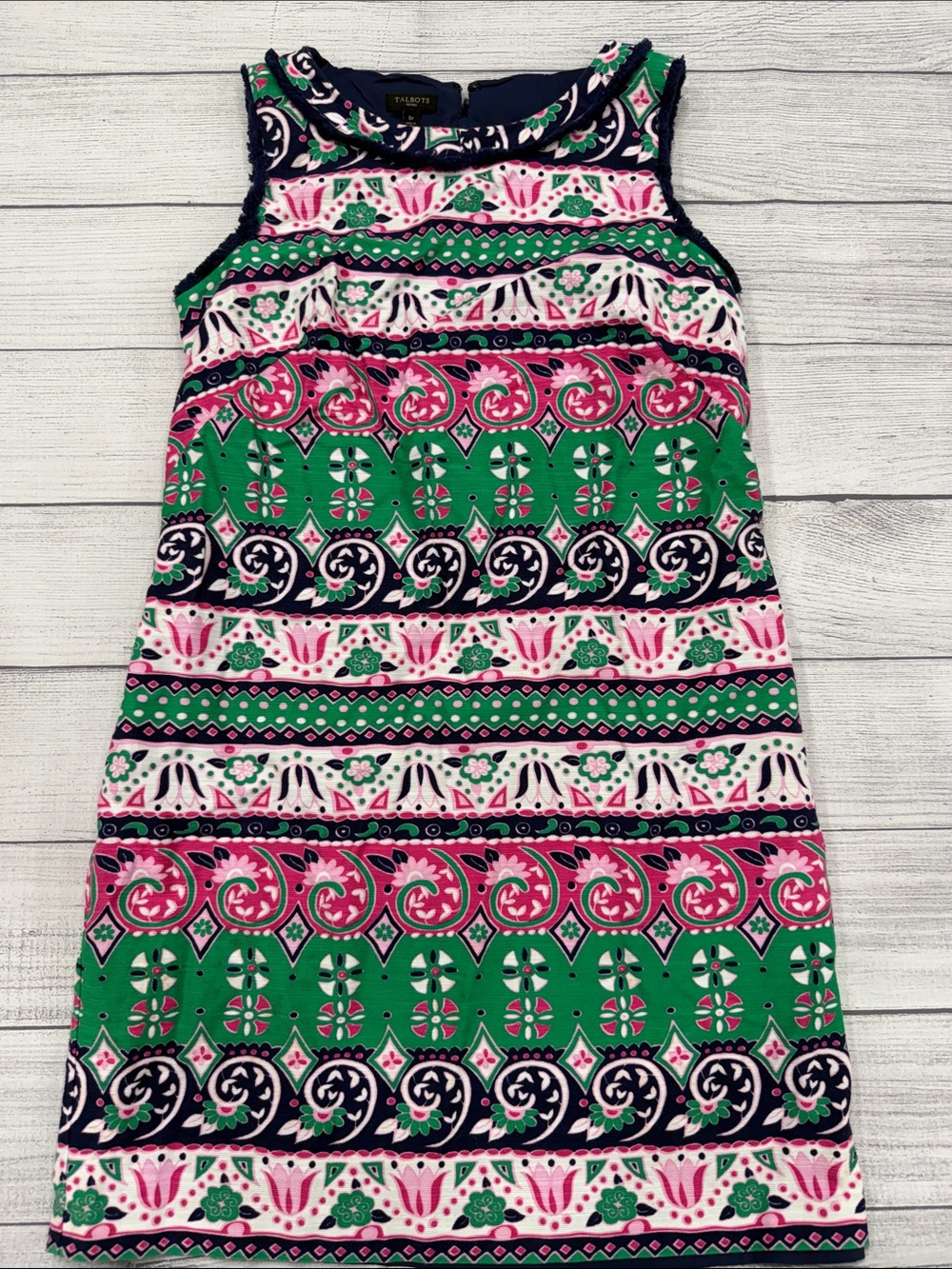 Talbots Petite Pink Green Print Shift Dress Fringe Trim Womens 8P